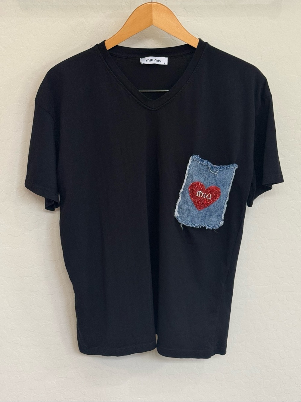 MIU MIU Black Cotton V-Neck Tee Denim Heart Patch Pocket Size L Like New